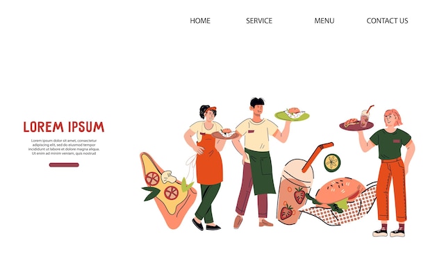 Website banner for restaurant or online food app with kitchen and service staff vector illustration