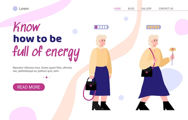 Website banner for tips on how to be full of energy cartoon vector illustration