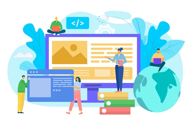 Website construction concept, ui interface prototyping, web development  illustration. People costructing web site interface on computer. UI UX, usability, mockup, wireframe development concept.