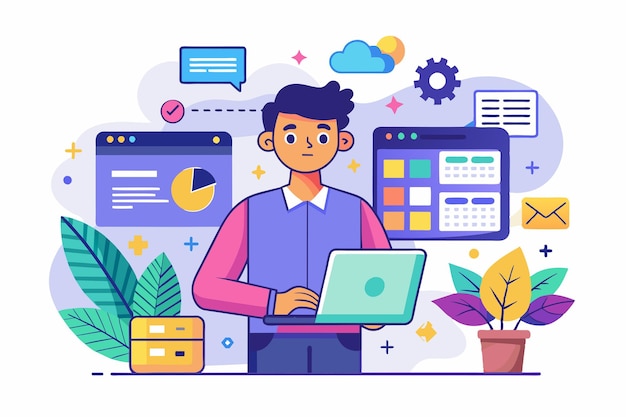 A website creator focuses on developing a customizable platform while surrounded by digital tools and greenery Website creator Customizable Disproportionate Illustration