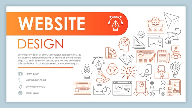 Website design banner, business card vector template. Site builder. Company contacts with phone, email linear icons. Web development. Presentation, web page idea. Corporate print layout