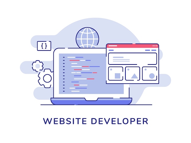 Website developer concept code coding wireframe on display laptop monitor with flat outline style