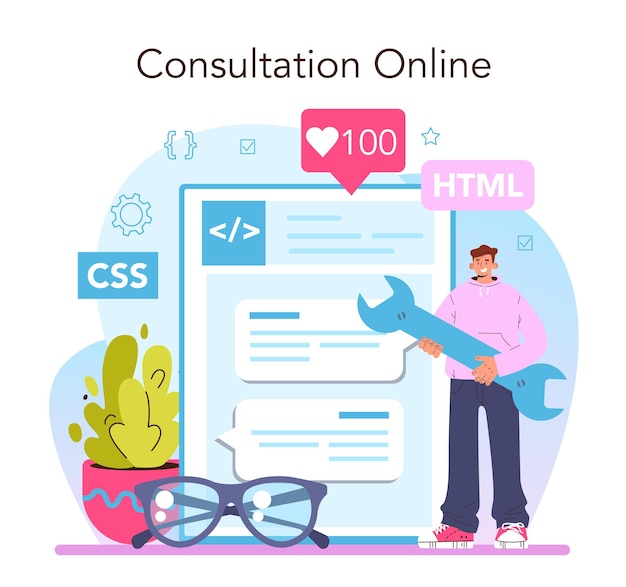 Website development online service or platform set. HTML coding process. Digital specialist creating a web page. Online consultation. Flat vector illustration