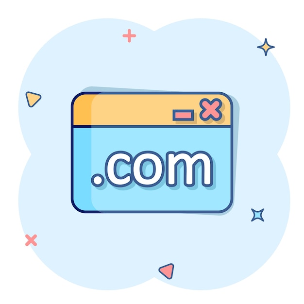 Website domain icon in comic style Com internet address cartoon vector illustration on white isolated background Server splash effect business concept