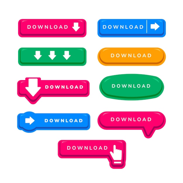 Website download button collection set with download arrow and hand click action symbol