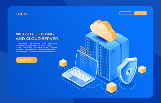 Website hosting landing page design cloud computing and server isometric illustration concept