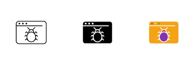 Website icon with a bug Error 404 hacking site security malfunctions Vector set of icons in line black and colorful styles isolated on white background