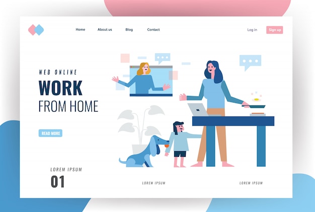 Website landing page about home quarantine concept design. Multitasking mother work at home. Working online, cooking and take care kid and pet.