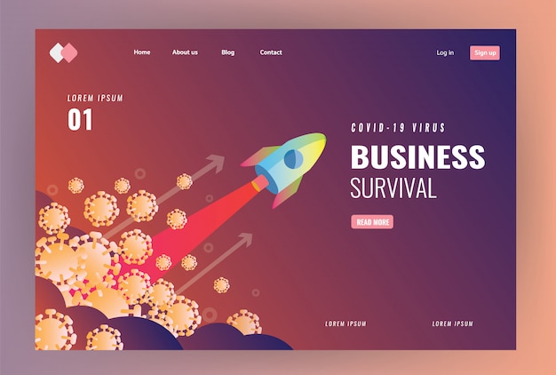 Website landing page idea About Victory over the virus covid-19 and business survival concept design. Rocket launch over virus. flat design   illustration