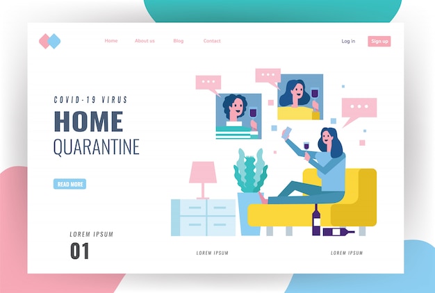 Website landing page idea for COVID-19 outbreak, Stay home, social distancing. Young women drinking wine at home and celebrating video call to friends.  flat design   illustration