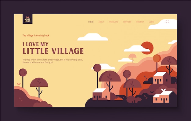 Website Landing Page for village, Gardening, nature, home, Landscape, house, real-state. Cute little village with tree, house, hill, cloud. Modern flat design illustration concept for website.