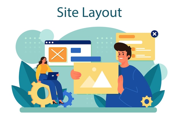 Website layout concept Web development mobile app design and optimization People building user interface template Computer technology Flat vector illustration