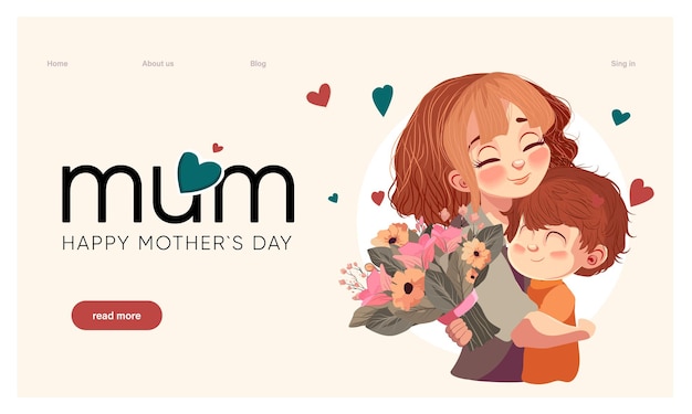 A website for the mother's day with a woman hugging a baby and flowers.