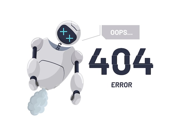 Website page not found error robot character broken chatbot mascot disabled site on technical work