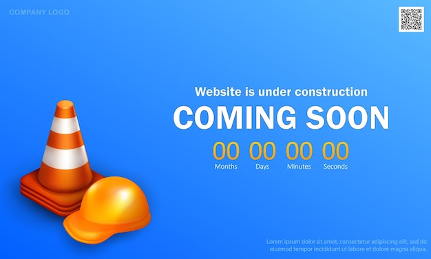 Website page with 3d orange traffic cone and yellow safety helmet. Bright blue banner with countdown