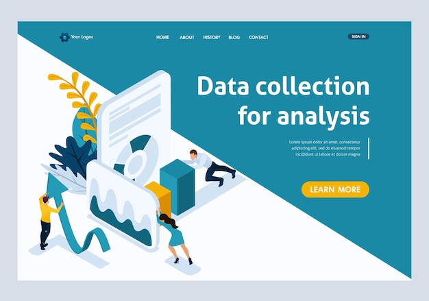 Website Template Landing page Isometric concept data collection for analysis, people in work. Easy to edit and customize.