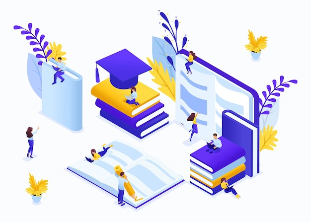 Website Template Landing page Isometric concept e-learning for second higher education, self-study, advanced training. Easy to edit and customize.