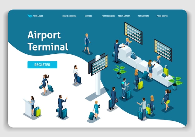 Vector website template landing page isometric concept international airport, airport terminal, baggage reclaim, business trip. easy to edit and customize.