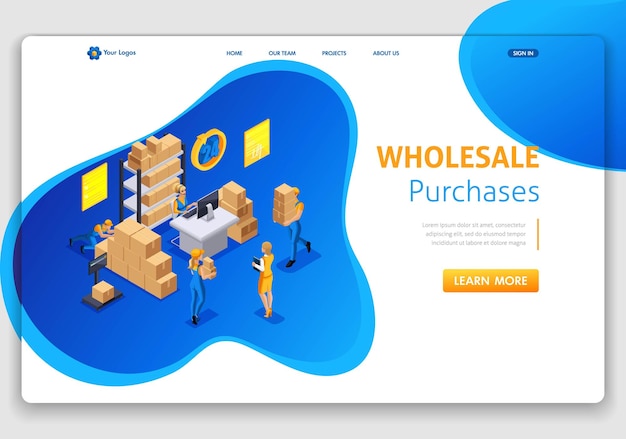 Website Template Landing page Isometric concept warehouse workflow, wholesale purchases, trucking, support 24 7. Easy to edit and customize.