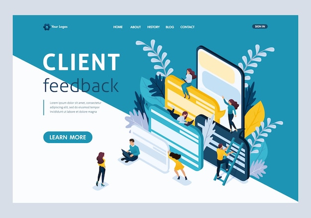 Website Template Landing page Isometric concept young entrepreneurs, customer Reviews and comments. Easy to edit and customize.