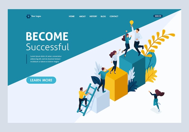 Website Template Landing page Isometric concept young entrepreneurs, start up project, successful business, ladder to success. Easy to edit and customize.