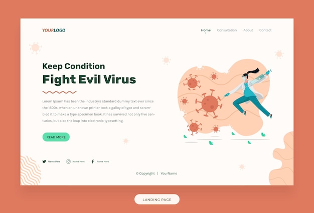 Website template with doctor illustration fighting virus with mask and syringe