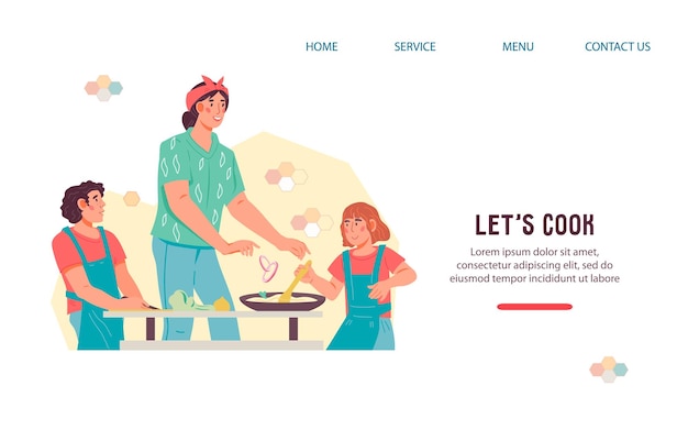 Website with happy family of mother and children cooking together