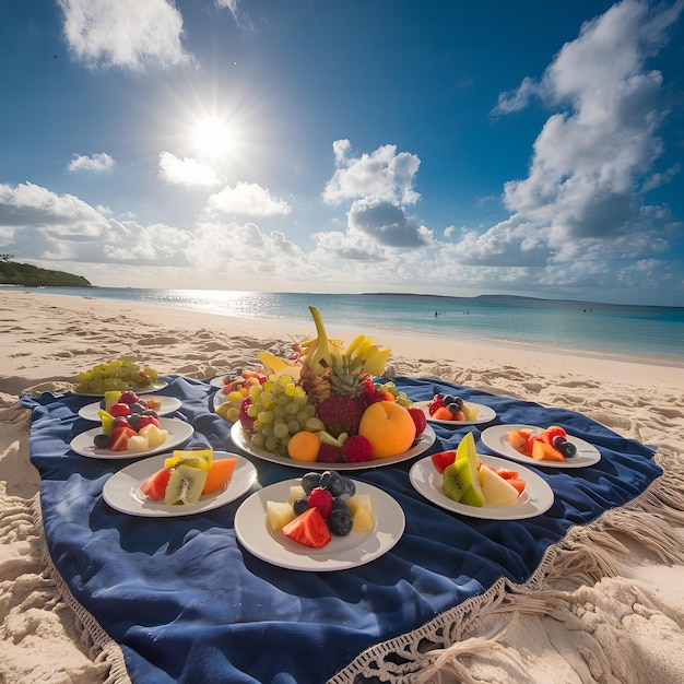 WebTropical breakfast with fresh fruit tea and curd on the background of palm trees and the ocean