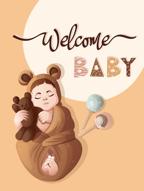 Vector webwelcome baby card new born with teddy bear and wooden toys in pastel tones vector illustration