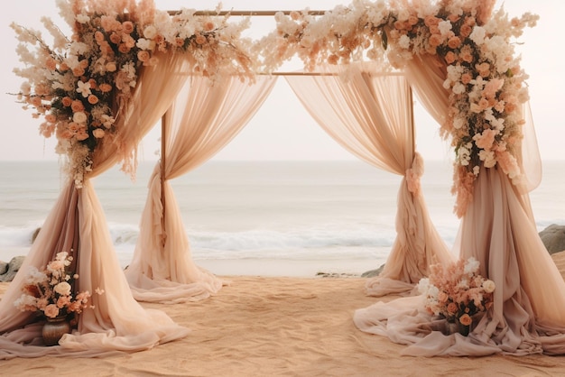 The wedding arch decorated with flowers stands in the luxurious area of the wedding ceremony