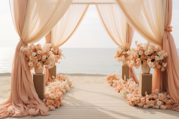 The wedding arch decorated with flowers stands in the luxurious area of the wedding ceremony