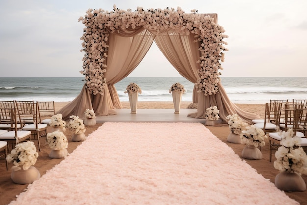 The wedding arch decorated with flowers stands in the luxurious area of the wedding ceremony