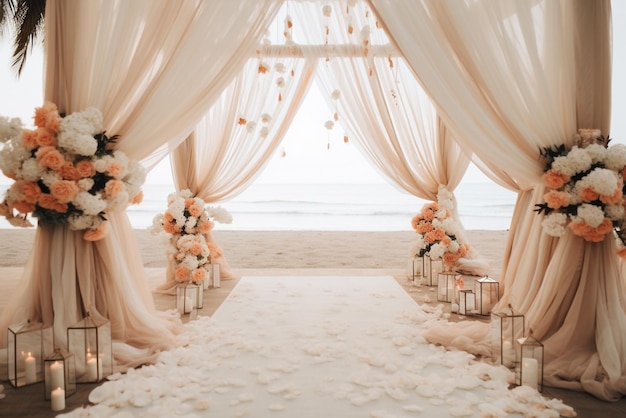 The wedding arch decorated with flowers stands in the luxurious area of the wedding ceremony