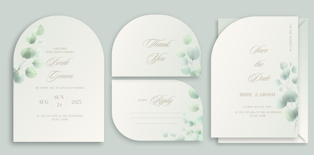 Wedding arch Invitation Card Design with watercolor elegant eucalyptus Wildflowers and herbs