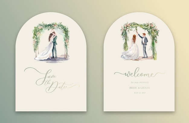 Wedding Arch Invitation with calligraphy and watercolor bride and groom