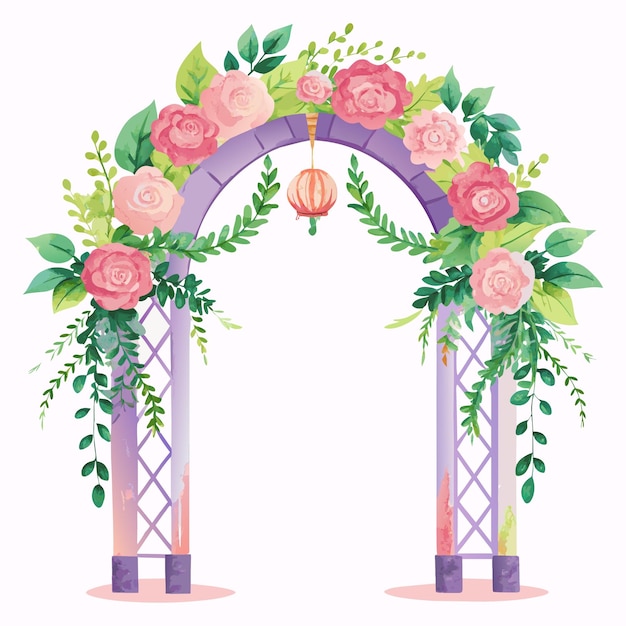 Wedding arch with pink roses and green leaves Vector illustration