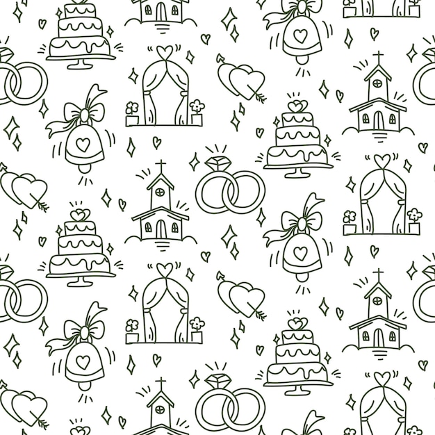 Wedding background Seamless pattern with wedding items for timing guests Wedding symbols Cartoon