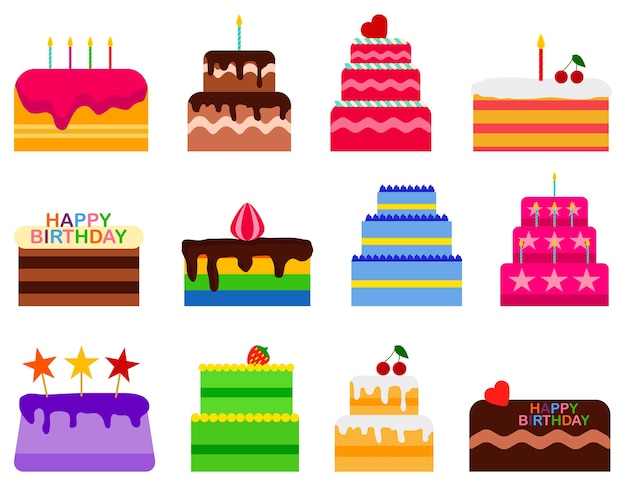 Wedding or Birthday pie cakes icons set. Cake sweets dessert bakery in flat style.