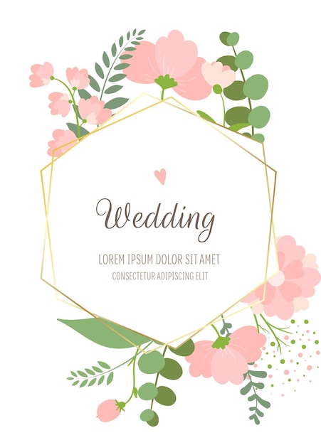 Wedding botanic card with flowers leaves  Invitation card template design with golden lines