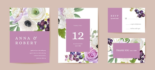 Wedding bouquet floral set. Black currant, peonies, anemones, rose flowers, berry fruits, leaves illustration. Vector watercolor template graphic elements for Save the Date, modern invitation