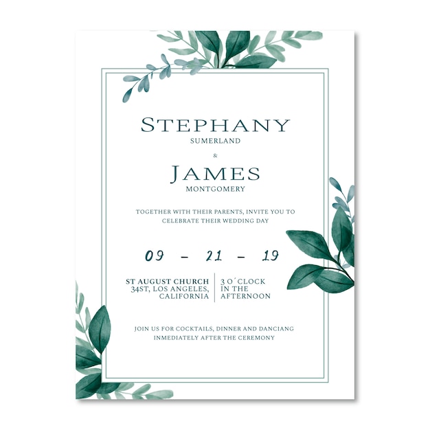 Wedding card decorated with watercolor leaves.