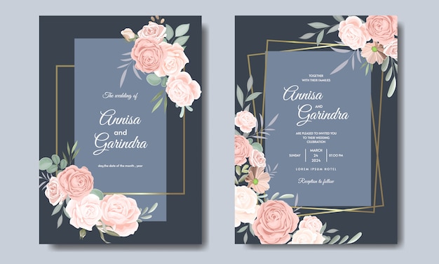 Wedding card and invitation card with beautiful roses and flower  template 