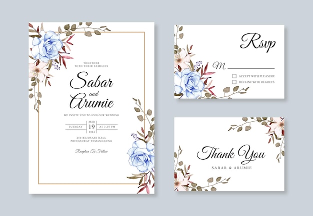 Wedding card invitation set template with watercolor floral