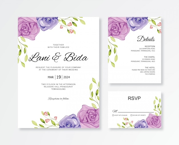 Wedding card invitation template with watercolor flower