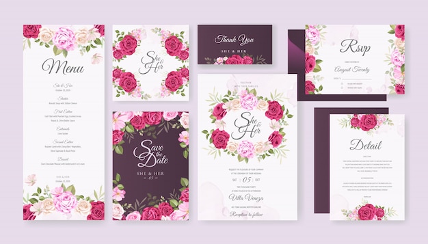 wedding card set template with beautiful floral and leaves