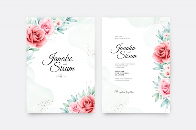 Wedding card set with beautiful flowers and leaves watercolor