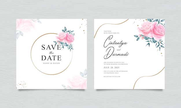 Wedding card template set with beautiful roses and leaves