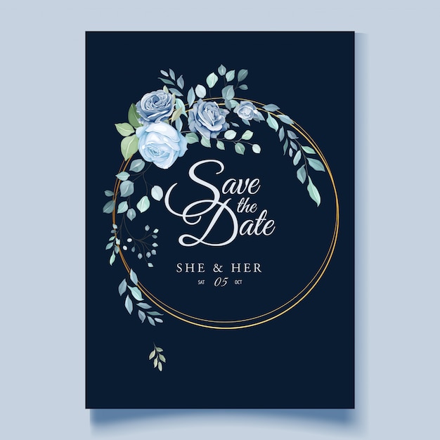 Wedding card template with beautiful blue floral wreath