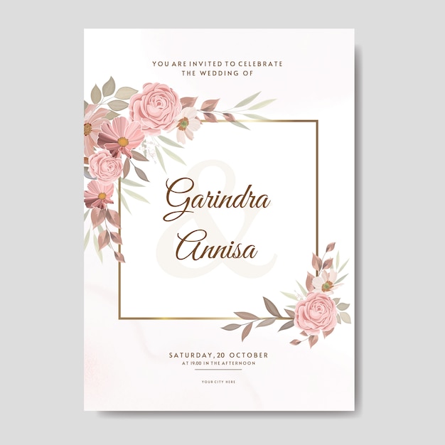 Wedding card template with beautiful floral wreath premium Vector