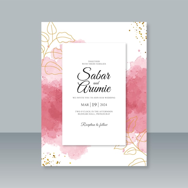 Wedding card template with watercolor splash and glitter